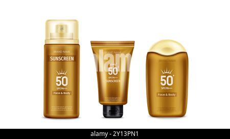 Sonnenschutzcremeflasche und Röhrchen isolierter Vektor. 3D-Sonnenschutzlotion mit 50 lsf. Sprühbehälterschablone aus Kunststoff für Hautpflege und Schutz in realistischem Layout. uv-Etikett für Gesichtspflege Stock Vektor