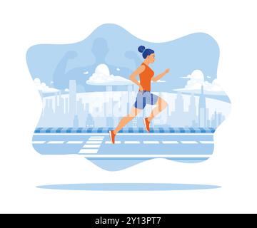 Frauen treiben und rennen auf den Straßen der Stadt mit Blick auf die städtischen Gebäude. Fitness-Leute. Selbstverbesserungskonzept. Illustration des flachen Vektors. Stock Vektor