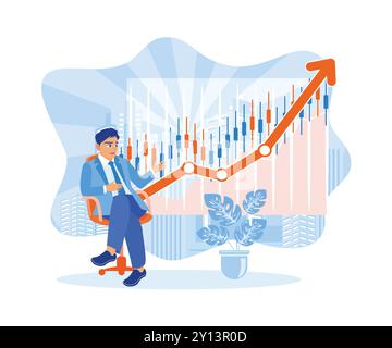 Geschäftsmann analysiert das Börsenwachstum mit steigendem Kerzendiagramm. Geschäftsleute entwickeln Pläne und Strategien, um in den Handel zu investieren. Aktienhandel Stock Vektor