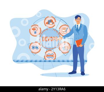 Ein junger Geschäftsmann steht und hält ein Notizbuch. Entwicklungszyklus für die Automatisierung der Softwarekonstruktion auf virtuellem Bildschirm. APP-Entwickler-Konzept. Flach Stock Vektor