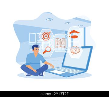 Mann, der einen Laptop benutzt, um von zu Hause aus Online-Unterricht zu nehmen. Bildungssymbole werden auf dem Laptop-Bildschirm angezeigt. Bildungskonzept. Illustration des flachen Vektors. Stock Vektor