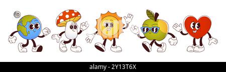 Niedliche, groovige Zeichentrickfiguren. Comic Retro-Vektor-Maskottchen mit lustigen Gesichtern, Händen und Beinen - Erdkugel mit Mond, Pilz mit rot gepunkteter Kappe, Sonne mit Explosion, grüner Apfel in Sonnenbrille, Herz. Stock Vektor