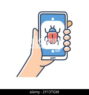 Fehler auf dem Telefonbildschirm. Handgriff mit Bug auf dem Bildschirm, der ein Sicherheitsrisiko oder eine Malware-Bedrohung darstellt. Stock Vektor