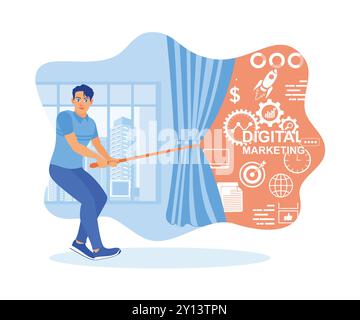 Ein Mann zieht an der Wand und macht Marketing-Konzepte für Unternehmen. Marketingkonzept. Illustration des flachen Vektors. Stock Vektor