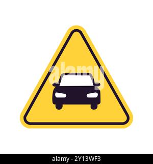 Warnschild „Auto Warning“. Gelbes dreieckiges Warnschild mit einem Fahrzeugsymbol, das auf eine potenzielle Gefahr vor Ihnen hinweist. Stock Vektor