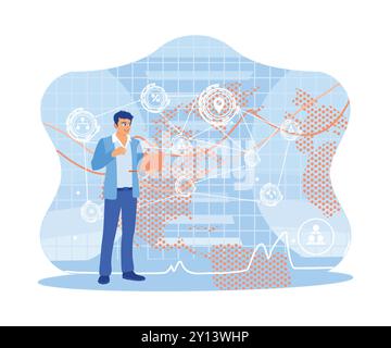 Geschäftsmann, der einen Laptop mit einer globalen Netzwerkverbindung verwendet. Stehen Sie mit Symbolen für digitales Marketing im Hintergrund. Das Konzept von High-Tech und Communi Stock Vektor