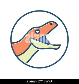 Raptor-Kopf-Symbol. Farbenfrohe Ikone des Kopfes eines Dinosauriers. Scharfe Zähne, offener Mund und runde Form symbolisieren Stärke, Kraft und Gefahr. Stock Vektor