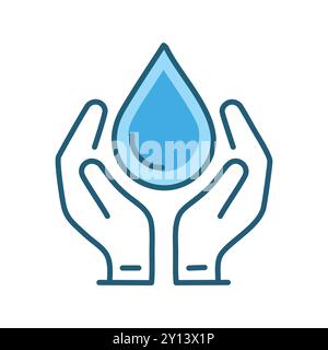 Hände halten Wassertropfen. Zwei Hände schützen sanft einen Wassertropfen. Symbolisiert Umwelt- und Umweltschutzmaßnahmen. Stock Vektor