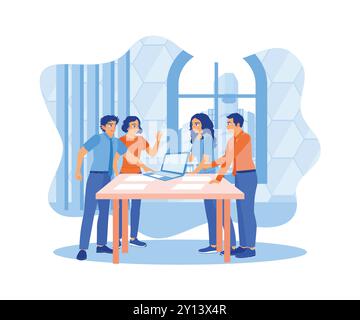 Verschiedene Kollegen diskutieren und planen Arbeitsprojekte im Büro. Meetings, Austausch von Ideen. Business People in Office Workplace Konzept. Flacher Vektor i Stock Vektor