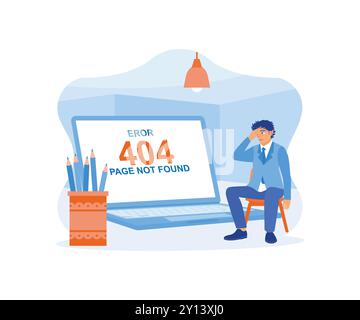 Ein wütender Programmierer auf der Arbeit. Die Stirn wird aufgrund von Fehler 404 gehalten, Meldung auf der Bildschirmseite beim Laden der Site nicht gefunden. 404 Konzept der Fehlerseite. Trendmodus Stock Vektor