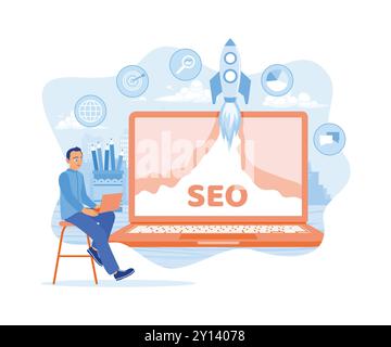 Mann, optimieren Sie die SEO-Suchmaschine mit einem Laptop. Das SEO-Raketensymbol wird auf dem Laptop-Bildschirm angezeigt. SEO-Konzept. Illustration des flachen Vektors. Stock Vektor