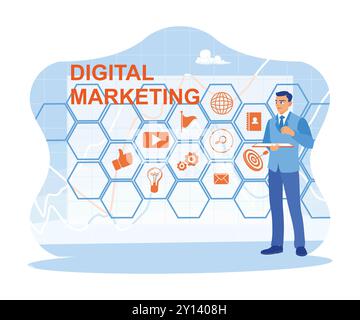 Man nutzt digitale Tablets, um Werbestrategien und digitale Marketingplanung zu entwickeln. Geschäftsmann mit Marketing-Charts und Ikonen im Hintergrund Stock Vektor