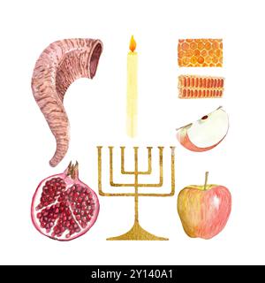 Schofar, Apfel, Granatapfel, Honigwaben, Menora, Kerze handgemalt Aquarellset isoliert auf weiß. Hochwertige Elemente für Rosh Hashanah, Yom Stockfoto