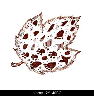 Ein Herbstblatt ist mit verschiedenen Elementen gefüllt. Tierpfoten in verschiedenen Formen, Blättern, Dekor. Kritzeleien. Das Blatt wird mit Kontur gezeichnet. Andere Schattierungen Stockfoto