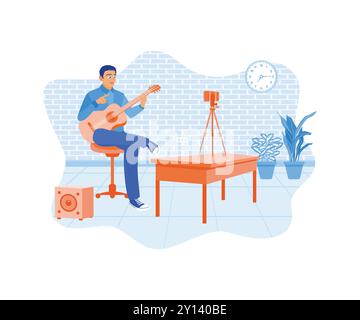 Junger Mann, der Gitarre spielt. Erstellen Sie Inhalte für Musiker, die Gitarre spielen. Content Creator-Konzept. Illustration des flachen Vektors. Stock Vektor