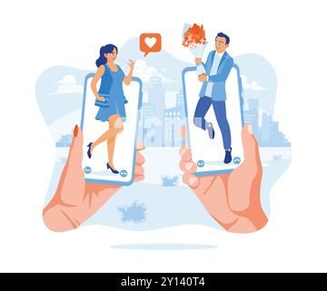 Junge Männer und Frauen treffen sich online per Smartphone. Sie schicken sich gegenseitig Zeichen der Liebe und Geschenke. Online-Dating-Konzept. Illustration des flachen Vektors. Stock Vektor