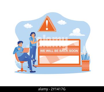 Zwei Kollegen verwenden einen Laptop, während sie eine Website laden. Website im Fehlerkonzept. 404 Konzept der Fehlerseite. Trend Moderne flache Vektor-Illustration Stock Vektor