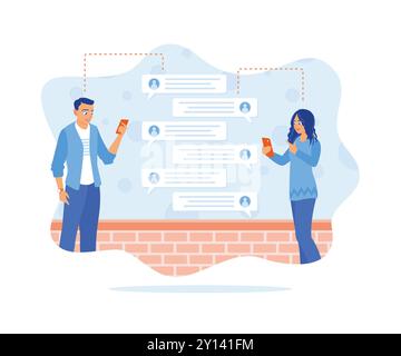 Mann Frau steht mit Textblase Hintergrund. Sie senden und lesen einander Nachrichten über Handys. Online-Dating-Konzept. Flache Vektorillust Stock Vektor