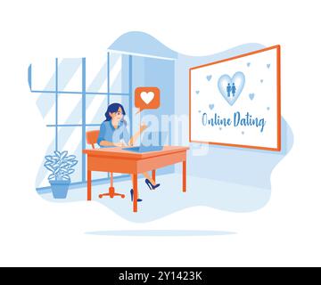 Eine junge Frau, die vor dem Laptop sitzt. Sie trifft sich online mit ihrem Freund zu Hause. Online-Dating-Konzept. Illustration des flachen Vektors. Stock Vektor