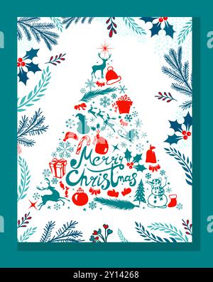 Frohe Weihnachten und Happy New Year Banner. Trendiges modernes Weihnachtsdesign mit Typografie und Grußkarte. Handzeichnung. Nicht AI, Vektorillustrationen. Stock Vektor