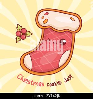 Weihnachtlicher roter Lebkuchenstiefel. Festliches Silvester, traditionelles Gebäck, Kawaii-Zeichentrickfigur und lustiger Slogan. Vektorabbildung. Stock Vektor
