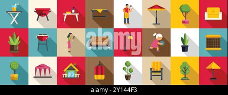 Icons für die Hausterrasse. Dieses farbenfrohe Icon-Set enthält verschiedene Illustrationen zum Leben im Freien, perfekt für Projekte im Zusammenhang mit Sommer, Freizeit und Familienspaß Stock Vektor