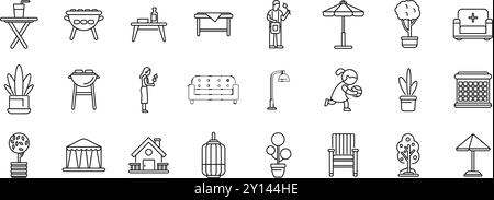 Icons für die Hausterrasse. Linien-Symbole für Aktivitäten im Garten, wie Gartenarbeit, Grillen, Entspannen und Möbel Stock Vektor