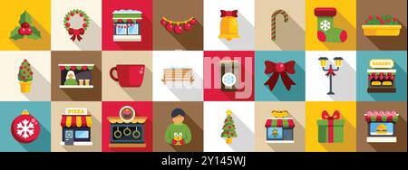 Straßencafé Weihnachtssymbole Set. Dieses Illustrationsset zeigt verschiedene Objekte und Aktivitäten im Zusammenhang mit weihnachten, die perfekt für den Weihnachtsgeist sind Stock Vektor