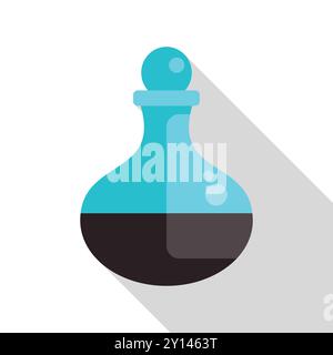 Blauer Glaskolben mit dem Symbol für das Experiment mit dunkler chemischer Flüssigkeit in flacher Form mit langem Schatten auf weißem Hintergrund Stock Vektor
