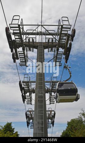 Ein Zwischenstützturm für Seilbahnen auf dem Mount Dajti außerhalb von Tirana im Skanderbeg-Gebirge in Zentralalbanien Stockfoto