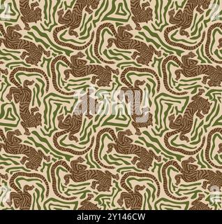 Tiger Kunst nahtloses Muster auf Beige Hintergrund Hintergrundbild Illustration Vektor, Safari Wildlife, Tiger nahtloses Muster, Tiger Print, Tier Print Stock Vektor