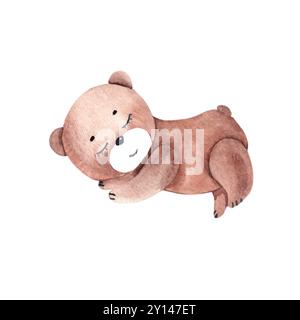 Niedliches Plüschtier für Kinder mit Teddybär. Aquarellabbildung im Vintage-Stil isoliert auf weißem Hintergrund. Designelement für Kinderkarten und Poster Stockfoto