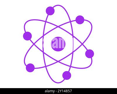 Violette Silhouette eines Atoms mit umlaufenden Elektronen, isoliert auf weißem Hintergrund. Wissenschaft, Physik, Atomstruktur, Minimalismus. Symbol, Stock Vektor