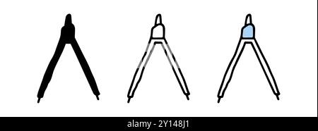 Satz von Kompasssymbolen mit farbiger Illustration, schwarzer Silhouette und schwarzer Umrandung, isoliert auf weißem Hintergrund. Konzept der Geometrie, Zeichnung Stock Vektor