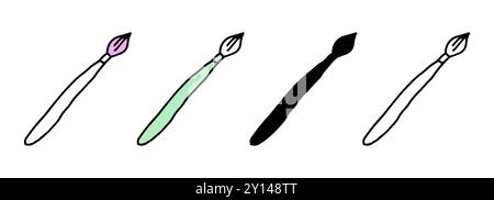 Satz Pinselsymbole mit farbigen Illustrationen, schwarzer Silhouette und schwarzer Umrandung, isoliert auf weißem Hintergrund. Kunstbegriff, kreativi Stock Vektor
