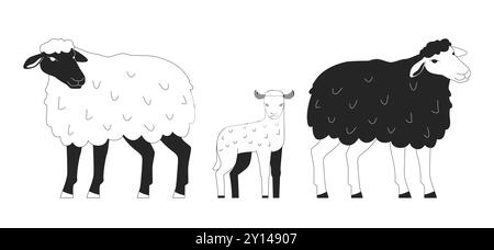 Schafsfamilie mit süßen kleinen Lammfiguren in Schwarz und weiß Stock Vektor