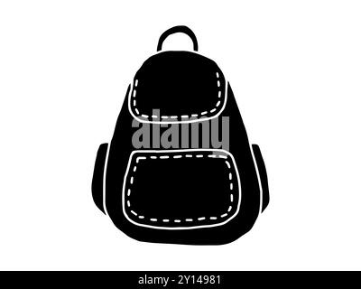 Schwarze Silhouette eines Rucksacks isoliert auf weißem Hintergrund. Minimalistischer Stil, Schultasche, Reiseaccessoires, Designelemente. Symbol, drucken. Stock Vektor