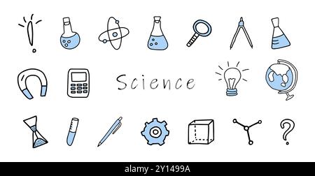 Set handgezeichneter Wissenschaftssymbole einschließlich Becher, Atom, Lupe, Kompass, Magnet, Glühbirne, Kugel, Zahnrad und andere, isoliert auf weiß. Concep Stock Vektor