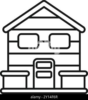 Linienzeichnung eines kleinen Holzhauses mit Solarpaneelen auf dem Dach, die nachhaltiges Wohnen und erneuerbare Energien fördern Stock Vektor