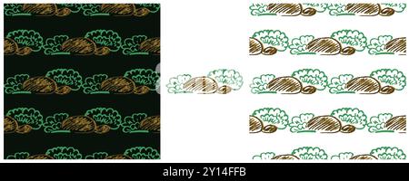 Nahtloses Muster. Setzen Sie Zeichnungen mit Wachsmalstiften. Landschaft, Büsche. Druck für Stoffdesign, Textil, Stoff Stock Vektor