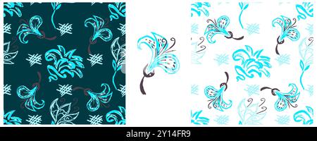 Legen Sie nahtlose Muster fest. Blaue Blumen. Kinderzeichnungen mit Wachsmalstiften. Druck für Stoffdesign, Textil, Stoff, Tapete, Verpackung Stock Vektor