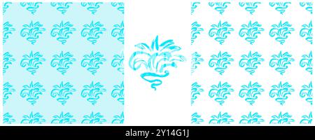 Legen Sie nahtlose Muster fest. Blaue Blumen. Für Stoffdesign drucken. Kinderzeichnungen mit Wachsmalstiften Stock Vektor