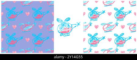 Nahtloses Spielzeugmuster. Hubschrauber. Setzen Sie Zeichnungen mit Wachsmalstiften. Druck für Stoffdesign, Textil, Stoff, Tapeten, Geschenkpapier Stock Vektor