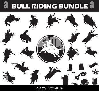 Bull Riding Silhouette Bundle | Sammlung von Bull Riding Spielern mit Logo und Bull Riding Equipment Stock Vektor