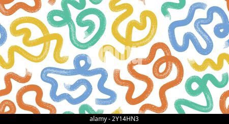 Kindische kräftige Pinselstriche, Linien. Hand gezeichnetes buntes nahtloses Vektormuster mit Schleife Squiggle. Stock Vektor