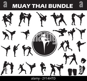 Muay Thai Silhouette Bundle | Sammlung von Muay Thai Spielern mit Logo und Muay Thai Ausrüstung Stock Vektor