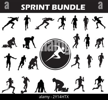 Sprint Silhouette Bundle | Sammlung von Sprint-Spielern mit Logo und Sprint-Ausrüstung Stock Vektor