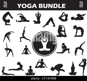 Yoga Silhouette Bundle | Sammlung von Yoga-Spielern mit Logo und Yoga-Ausrüstung Stock Vektor