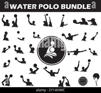 Wasserpolo Silhouette Bundle | Kollektion von Wasserpolo-Spielern mit Logo und Wasserpolo-Ausrüstung Stock Vektor