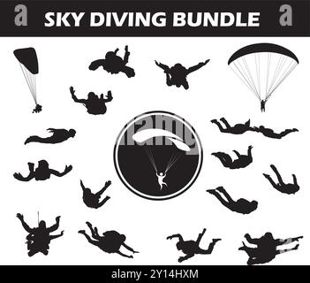 Sky Diving Silhouette Bundle | Sammlung von Sky Diving Spielern mit Logo und Sky Diving Ausrüstung Stock Vektor